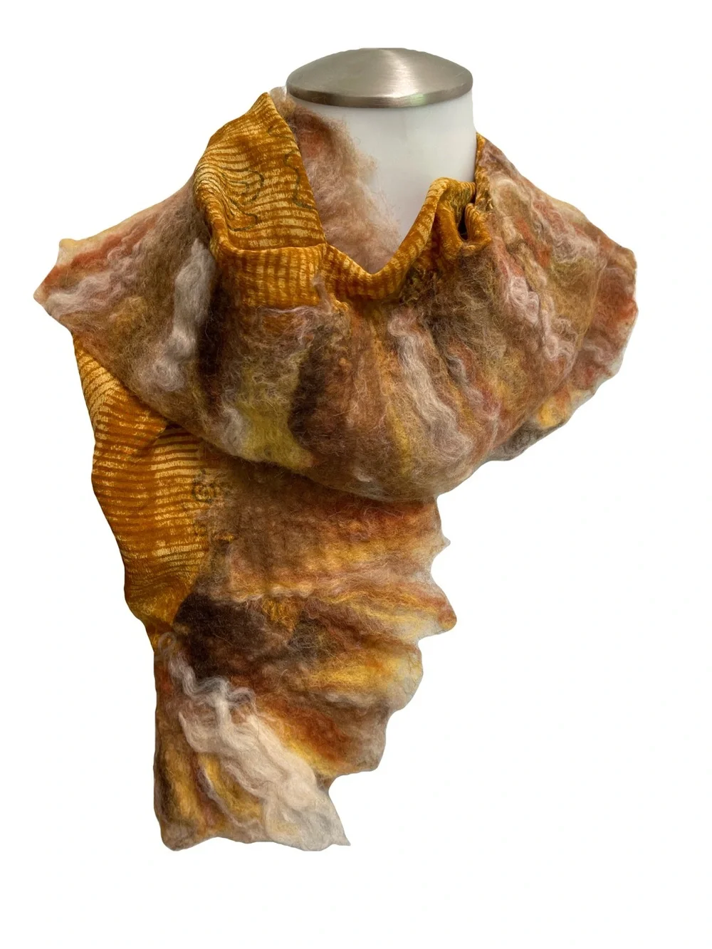 Handcrafted Nuno Felted Wool Scarf in Brown and Gold Tones